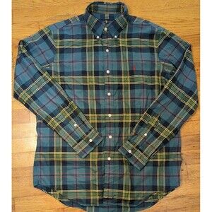 VTG Polo Ralph Lauren Shirt Mens Sz L Green Navy Plaid Flannel Preppy Y2K Pony